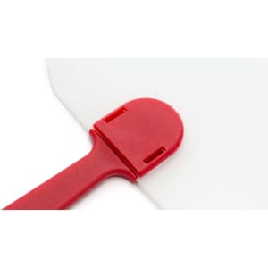 A red kitchen spatula with a flat, white silicone head, designed for mixing and scraping.