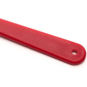 A red plastic wristband with a hole at one end, designed for promotional events or exhibitions.