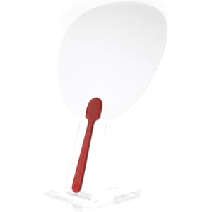 A promotional fan with a white paddle and red handle, displayed on a clear stand. It features a logo.