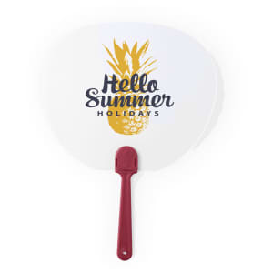 A round promotional fan featuring a pineapple design and the text "Hello Summer Holidays" with a maroon handle.