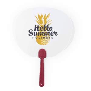 A large promotional fan featuring a white surface with a pineapple design and a burgundy handle. It has a logo.