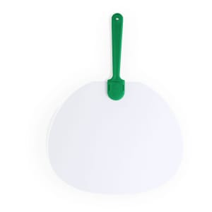 A white paddle with a green handle, designed for promotional use at events or exhibitions.