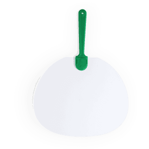A large white paddle-shaped balloon with a green handle. Features a simple design with a branding logo.