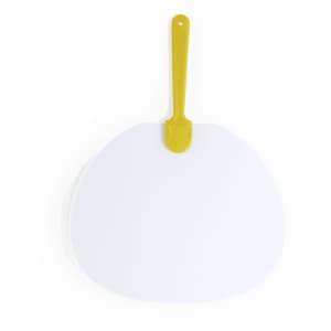 A large white paddle fan with a yellow handle. It features a smooth surface and is suitable for events.