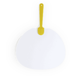 A white paddle with a yellow handle, designed for use in promotional events or exhibitions.