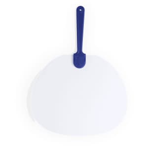 A large white paddle with a blue handle, designed for promotional use, featuring a smooth surface.