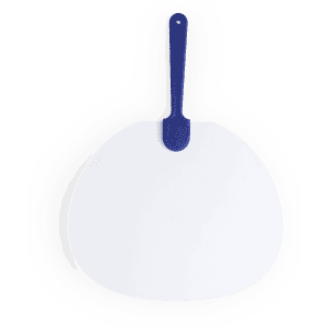 A large white paddle with a blue handle. It has a smooth surface, suitable for various uses.