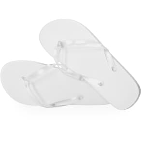 A pair of clear flip flops with a simple thong design, featuring a logo on the sole.