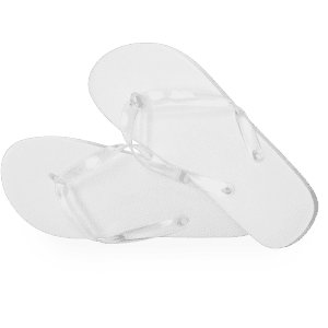 A pair of clear flip flops with a minimalist design, featuring transparent straps and white soles.