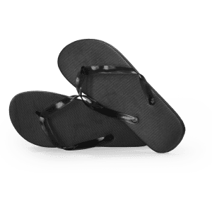 Black flip flops with a textured sole and black straps, featuring a small logo on one of the straps.