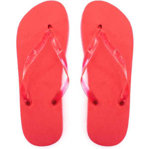 Red flip flops with transparent straps and a textured footbed, featuring a logo on the sole.