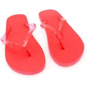 Red flip flops with translucent straps, featuring a textured footbed and a lightweight design.