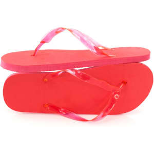 A pair of red flip flops with a glossy strap, featuring a vibrant pink colour scheme. Includes a logo.