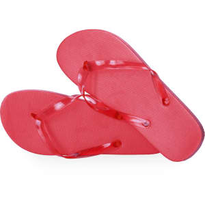 Red Salti flip flops with clear straps, featuring a textured footbed and a simple design.