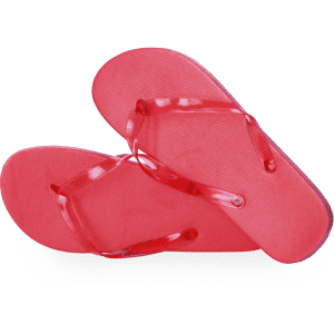 A pair of bright pink Salti flip flops with transparent straps, featuring a textured footbed.