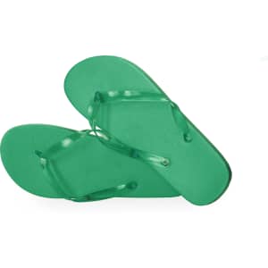 A pair of green Salti flip flops with transparent straps, featuring a simple design and a logo on the sole.