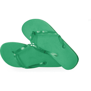 Green flip flops displayed from an angle, featuring a simple design with transparent straps. Brand logo visible.