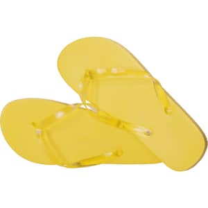 Yellow thongs with translucent straps arranged on a white background. The design is simple and vibrant.
