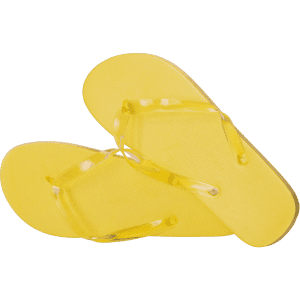 Yellow flip flops with transparent straps, featuring a textured footbed, and a logo on one strap.