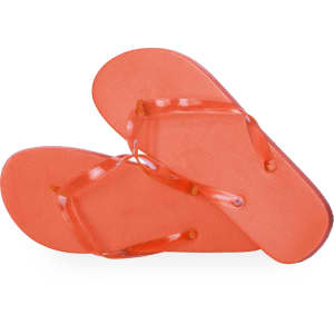A pair of orange transparent flip flops with a textured sole and a simple thong design.