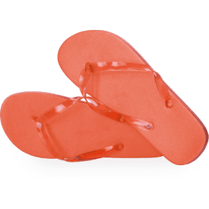 A pair of bright orange thongs with a textured footbed and transparent straps. The design includes a logo.
