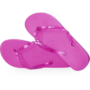 A pair of bright pink thongs with translucent straps, featuring a textured footbed.