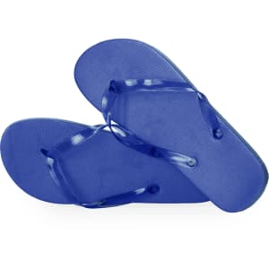 Blue Salti flip flops with a textured sole and matching straps, featuring a simple design and a logo.
