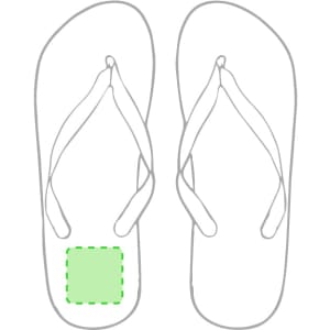 A pair of white flip flops with green accents and a logo on the sole.