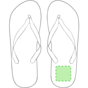 A pair of flip flops in outline form with green accents, featuring straps and a branded logo area.