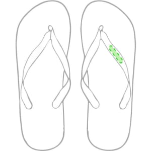 A pair of thongs featuring a green highlight, with a simple design and soft straps. The footwear has a logo present.