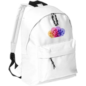A white backpack featuring a floral design in multiple colours and a front pocket. It has a logo on the front.