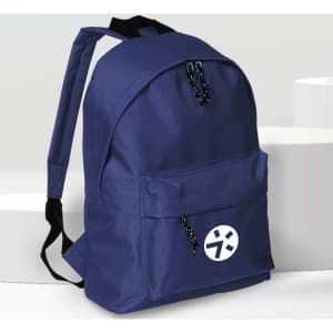 A navy blue backpack with a front pocket and a circular logo. It features adjustable straps and a durable design.