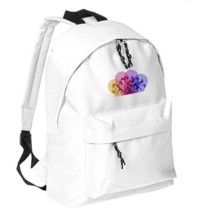 A white backpack featuring a multicoloured graphic and a front pocket. It has adjustable black straps.