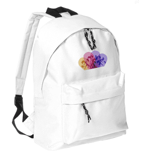 A white backpack featuring a decorative logo on the front pocket and adjustable black straps.
