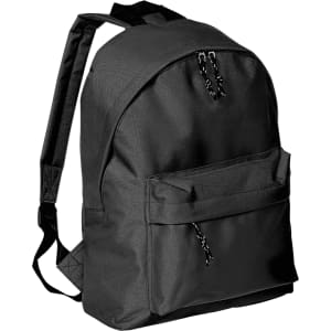 A black backpack with a front pocket and adjustable straps, featuring a logo on the exterior.