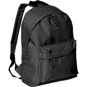 A black backpack featuring a front pocket and adjustable straps, with a simple design and branding on the surface.