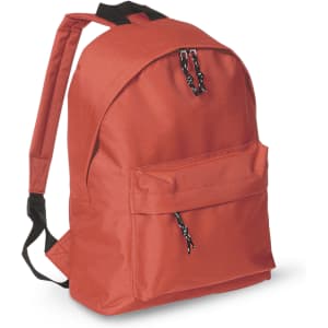 A red backpack with adjustable straps and a front pocket, featuring a branding logo.