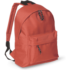 A red backpack featuring adjustable straps and a front pocket. It has a logo on the front.