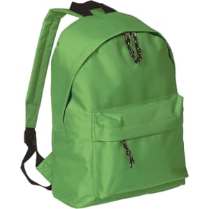 A green backpack with a front pocket and black zip pulls. It features adjustable straps and a simple design.