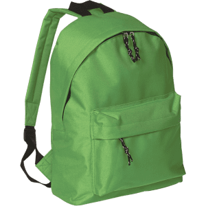 A green backpack featuring a front pocket and black zipper pulls, with adjustable straps and a logo area.