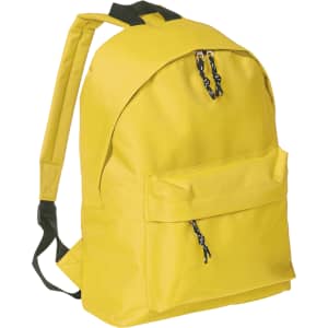A yellow backpack with a front pocket and black adjustable straps. It features a logo on the front.