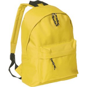 A bright yellow backpack with a front pocket and black detailing, featuring a logo on the front.