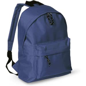 A navy blue backpack with a front pocket and adjustable straps. It features a logo on the side.