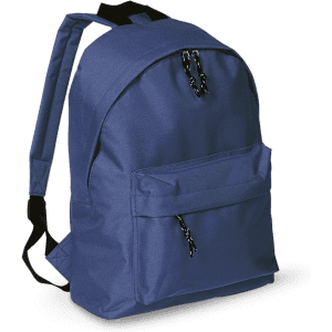 A navy blue backpack with adjustable straps, featuring a front pocket and a logo.