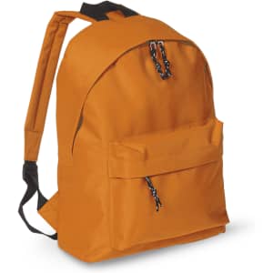 An orange backpack with two zippered compartments and adjustable straps. It features a front pocket and a logo.