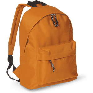 An orange backpack with adjustable straps and a front pocket, featuring a simple design and a logo.