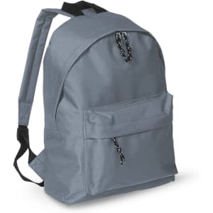 A grey backpack with a front pocket, adjustable straps, and a logo.