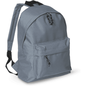 A grey backpack with two front pockets and adjustable straps, featuring a logo on the exterior.