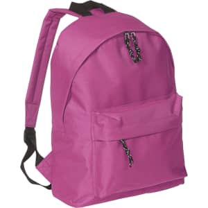 A bright pink backpack with adjustable straps and a front pocket, featuring a logo on the fabric.