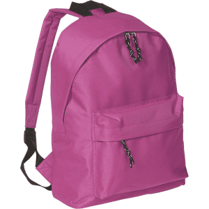 A pink backpack with a front pocket and black zippers, featuring adjustable straps and a logo.